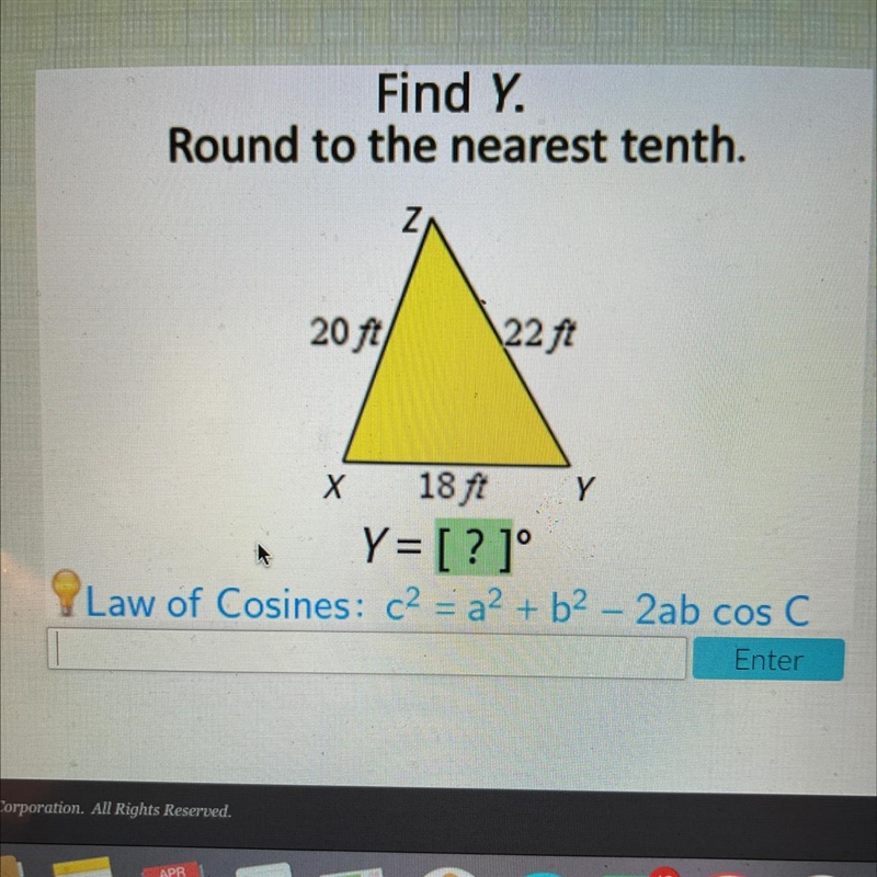 Acellus Find Y. Round to the nearest tenth. 20 ft/ \22 ft Y Х 18 ft Y= [? ]° Law of-example-1