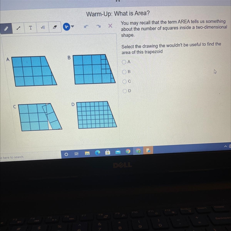 Which drawing wouldn’t be useful to find the area of this trapezoid? and why ?-example-1