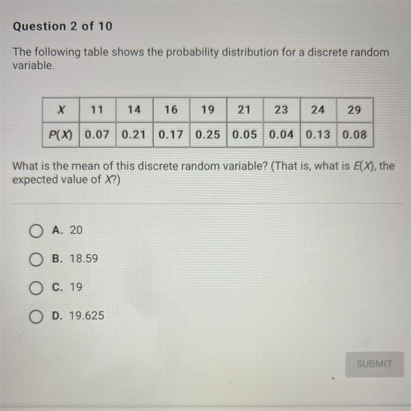 What is the mean of this discrete random variable? (That is, what is E(X), the expected-example-1