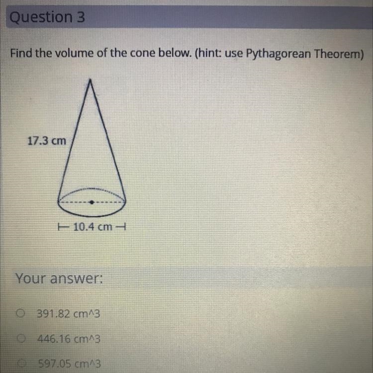 Find the volume of the cone below. (hint: use Pythagorean Theorem)-example-1