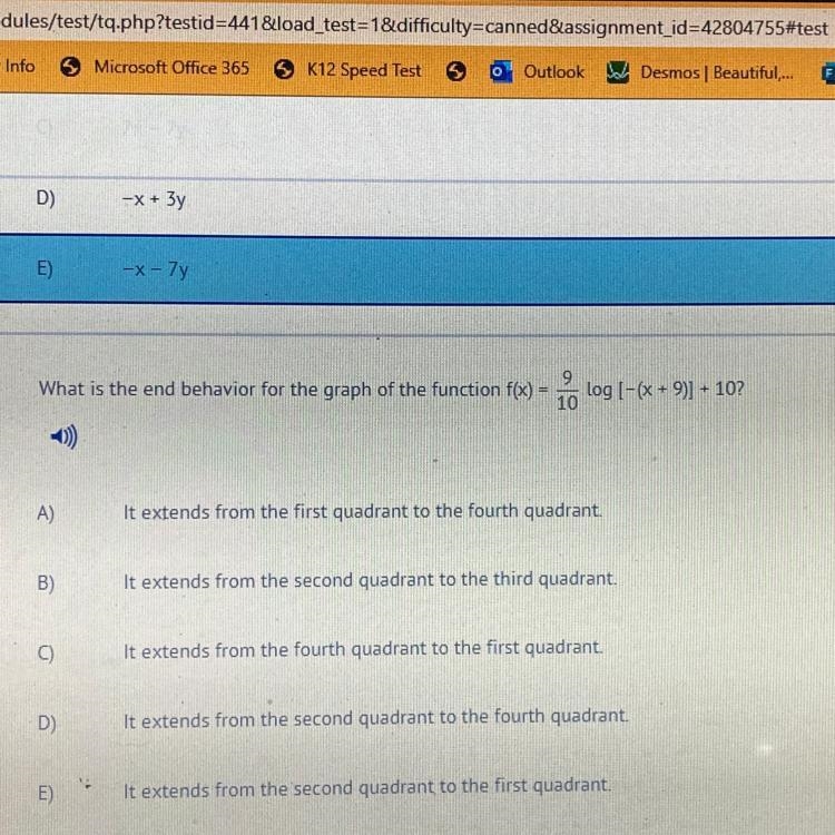 What is the end behavior for the graph of the function f(x)=9/10 log [-(x + 9)] + 10?-example-1