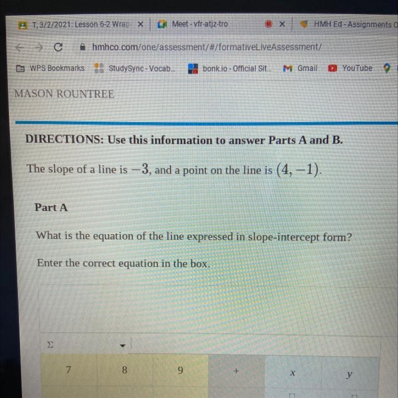 The slope of a line is – 3, and a point on the line is (4, -1). What is the equation-example-1