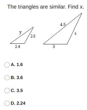 The triangles are similar. Find x. Please help me!-example-1