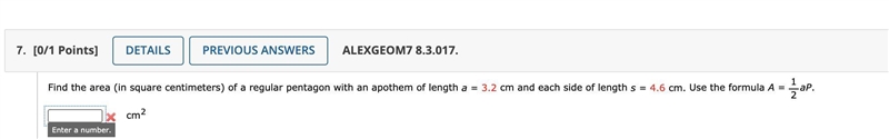 Find the area (in square centimeters) of a regular pentagon-example-1