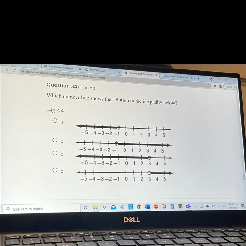 Which number line shows the solution to the inequality below -4g<4 (look at picture-example-1