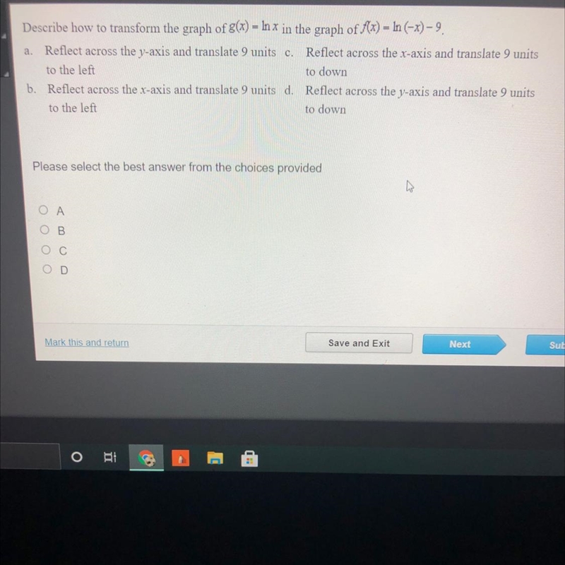 Describe how to transform the graph of g(x)=ln(x) in the graph of￼ f(x) = ln(-x)-9-example-1