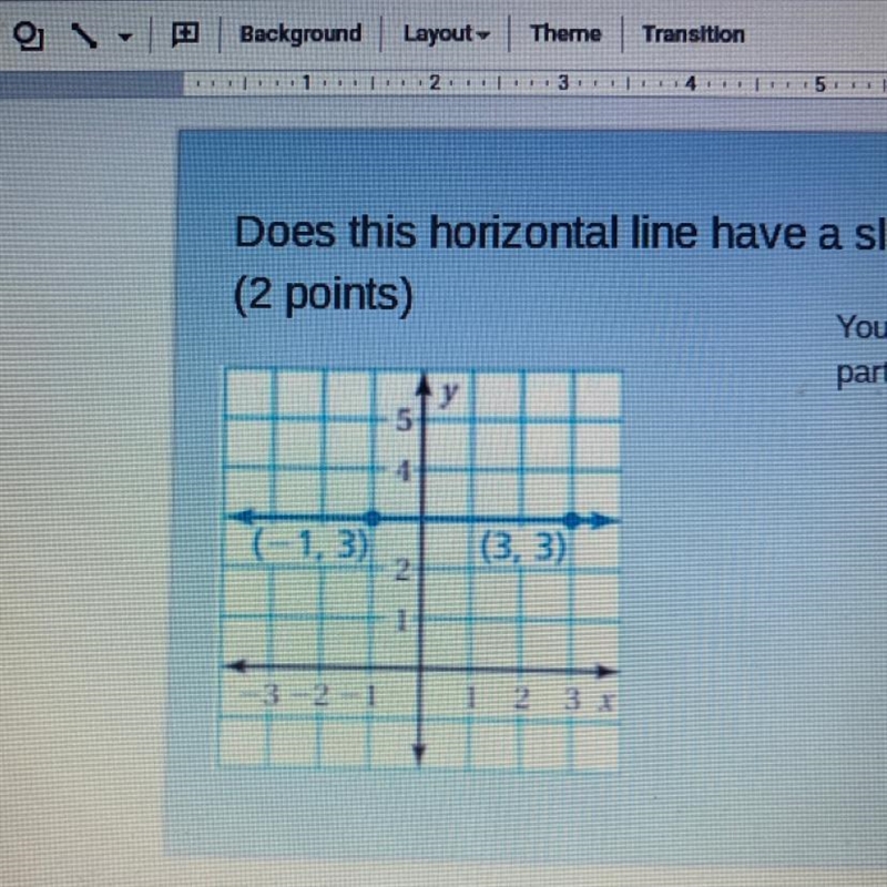 Does this horizontal line have a slope? Explain pls. picture is included and if you-example-1