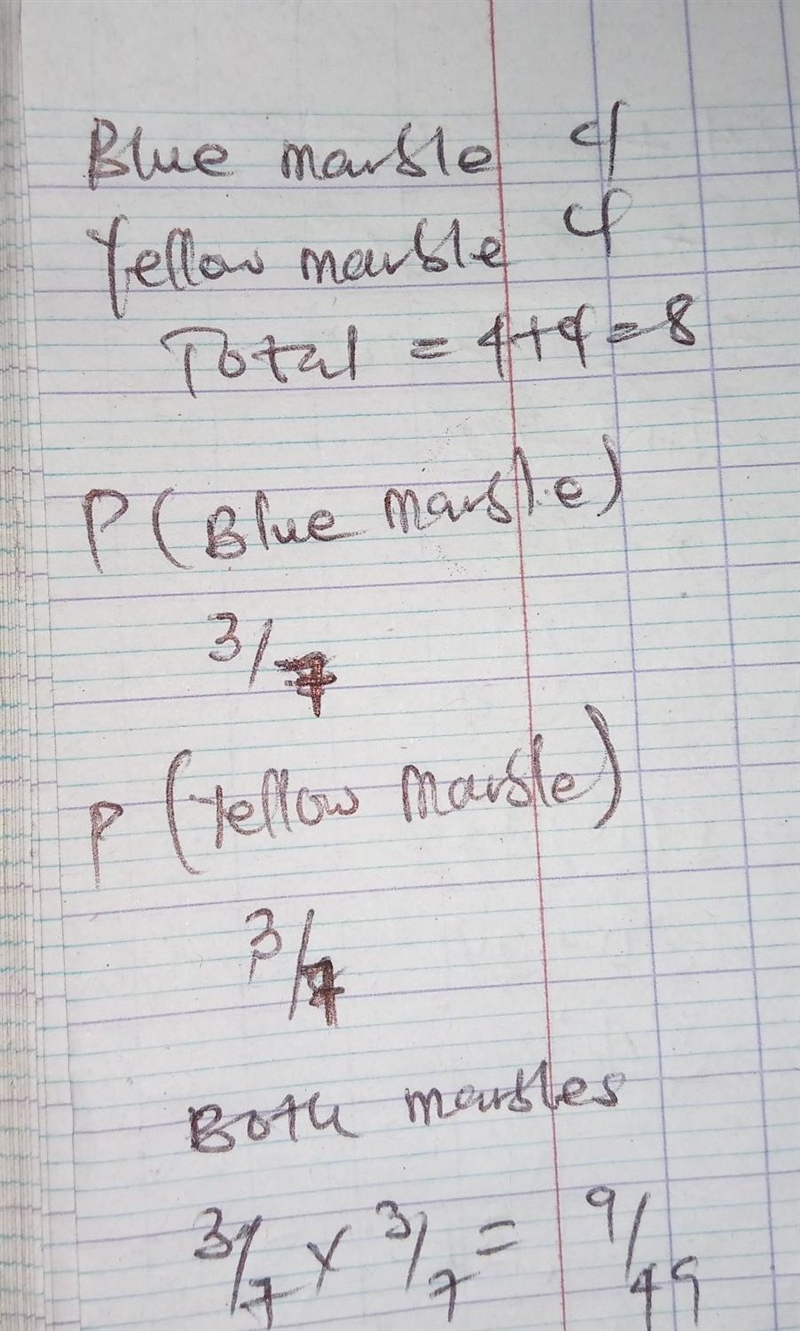 Probability of picking a blue marble and a yellow marble when 2 marbles are picked-example-1