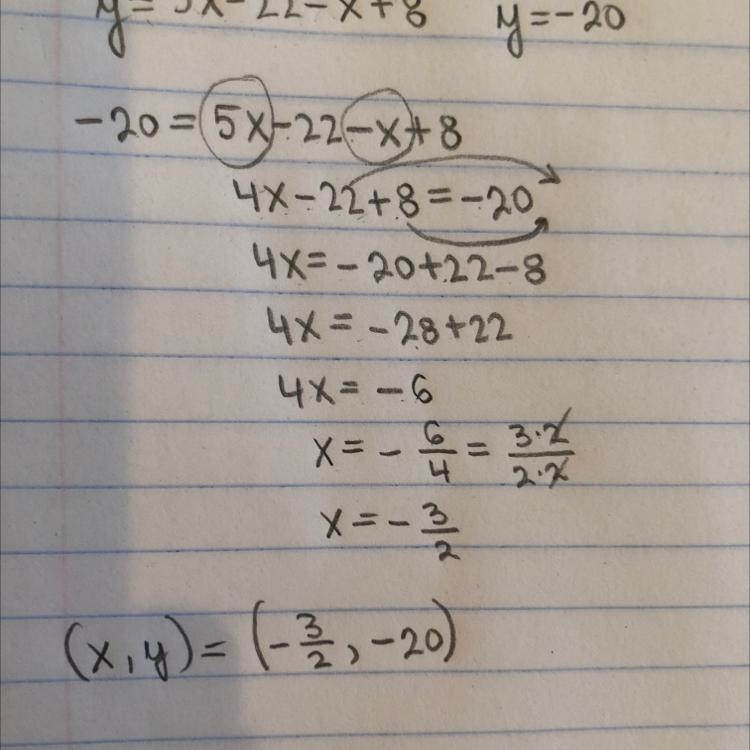 Y=5x-22-x+8 y=-20 find x and y show work.-example-1