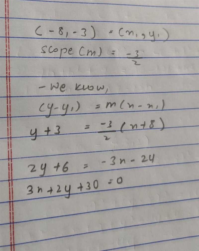 A line passes through the point (-8, -3) and has a slope of -3/2 Write an equation-example-1