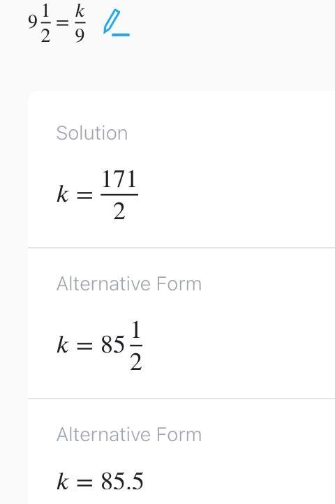 9 1/2=k/9 What is the value of k?-example-1