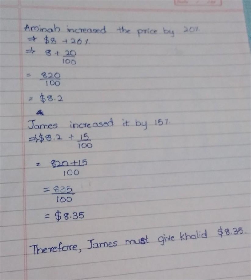 Aminah bought a book for $8. She increased the price by 20% and sold the books to-example-1