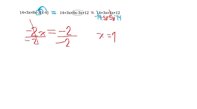 HELP PLEASE!!! 14 + 3x = 8x − 3(x − 4) Also show work-example-1