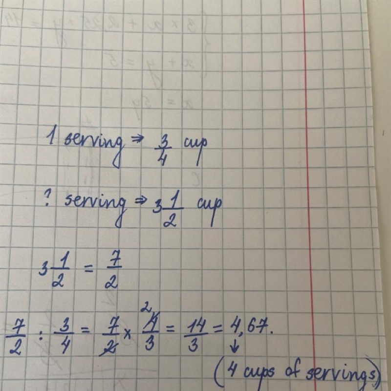 Suppose one serving of vegetables is 3/4 cup. How many servings there in 3 1/2 cups-example-1