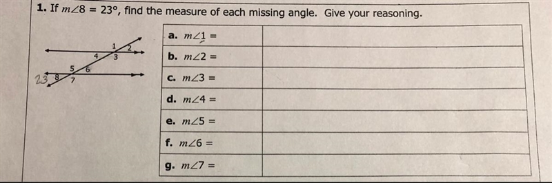 Given m∠8 = 123° and m∠11 = 79°, find the measure of each missing angle. m∠14 = m-example-1