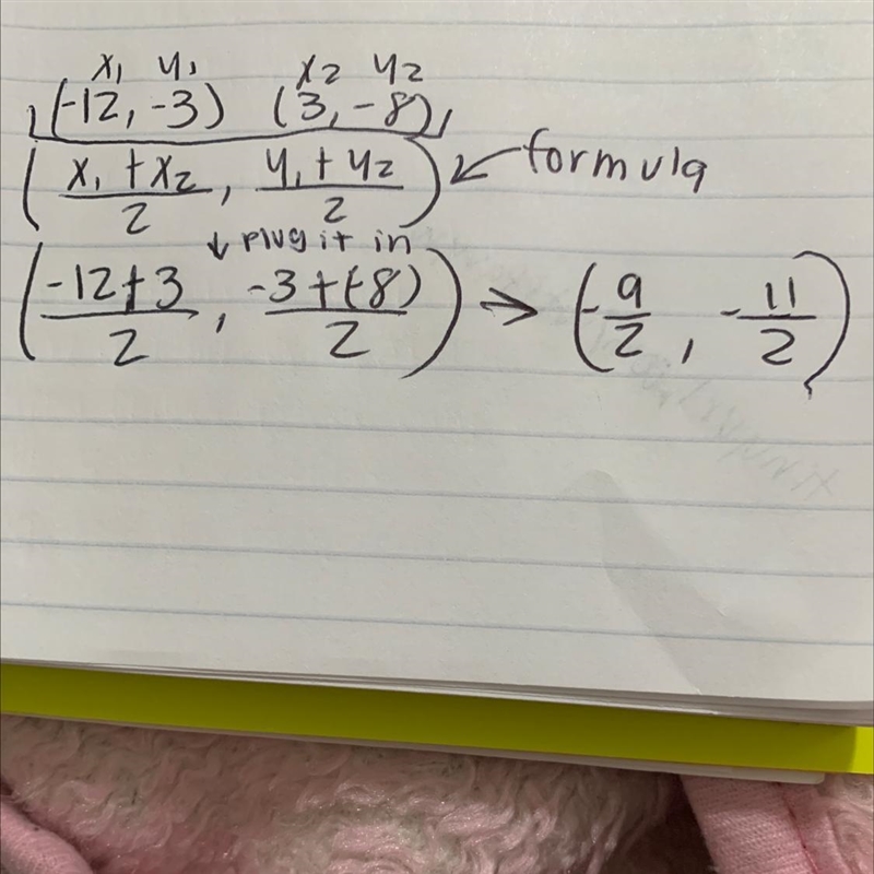 What is the midpoint of the segment below? (-12, -3) (3, -8)-example-1