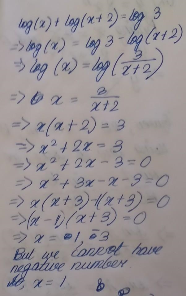 Log(x) + log(x+2) = log 3-example-1