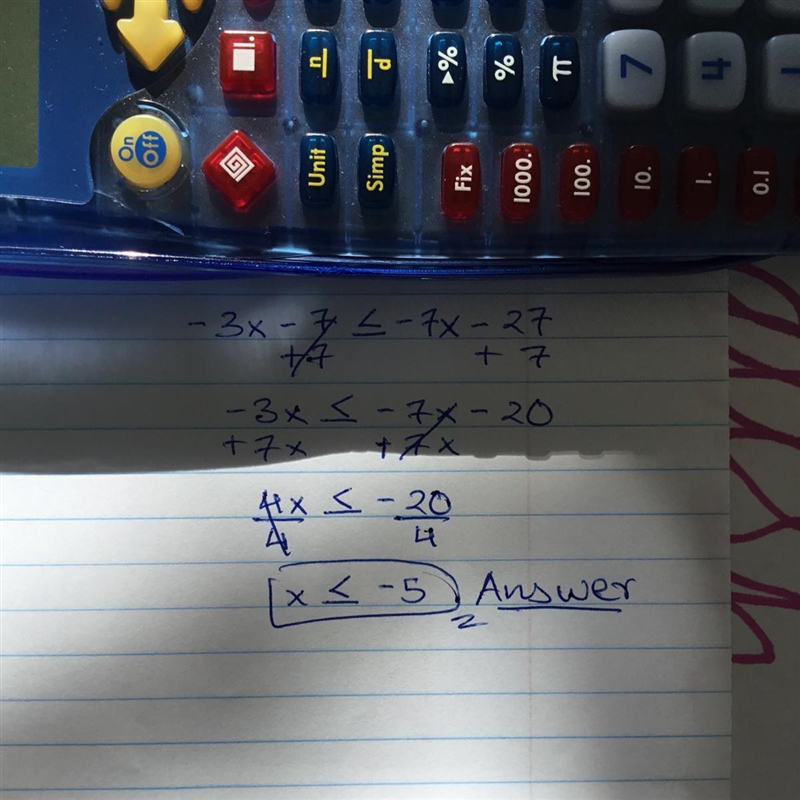 Which of the following integers is a solution to the inequality below? -3x - 7 ≤ -7x-example-1