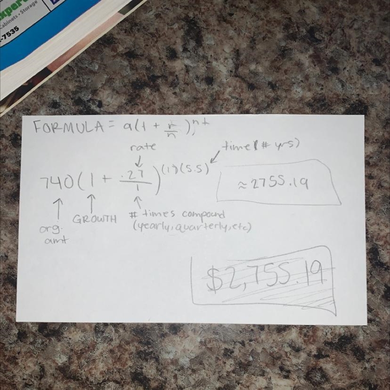 1) Kyle puls $740 in the bank for 5.5 years with a 27% interest rate. How much money-example-1