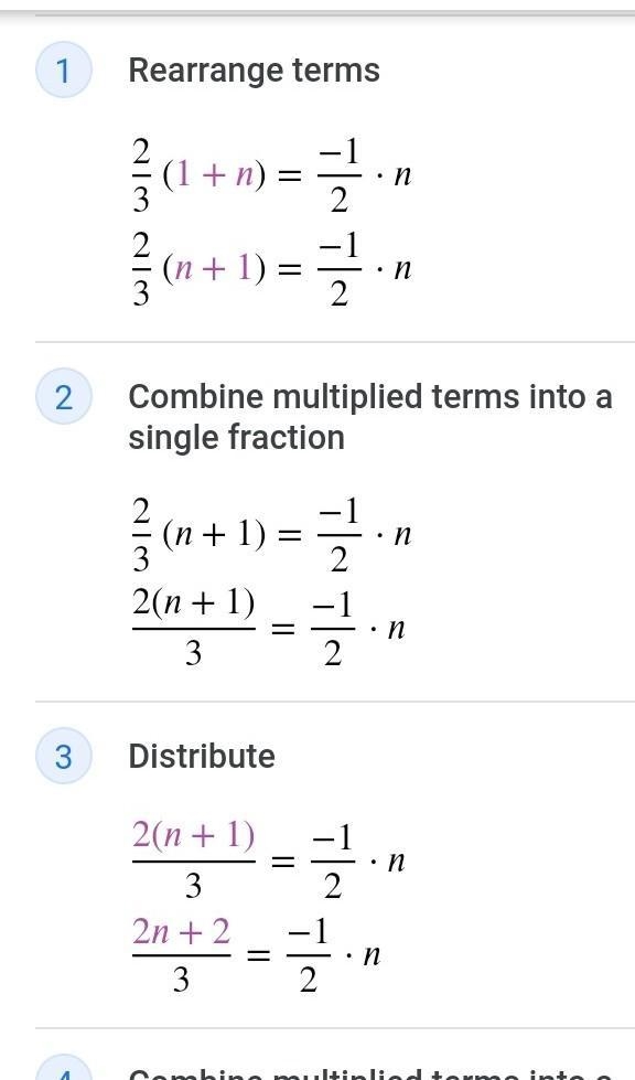 Solve for n. 2/3(1+n)=-1/2n-example-1