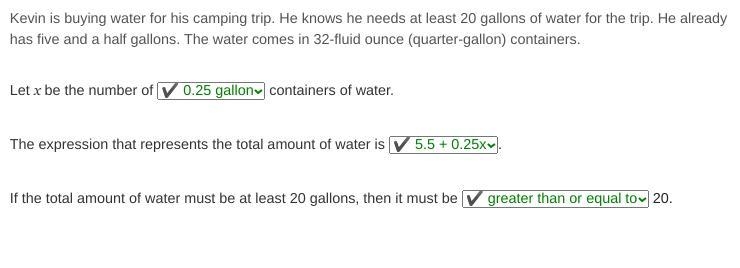 Kevin is buying water for his camping trip. He knows he needs at least 20 gallons-example-1