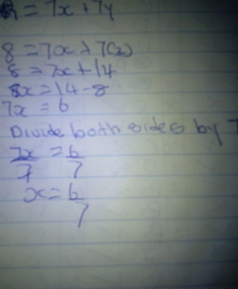 Given that R 7x + 7y Find x when y : 2 and R= 8 Give your answer as a fraction in-example-1