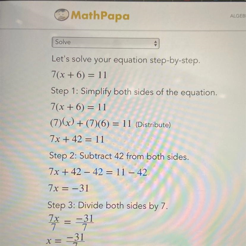 Solve for x using distributive property 7(x+6)=11 and 5(x-6)=3-example-1