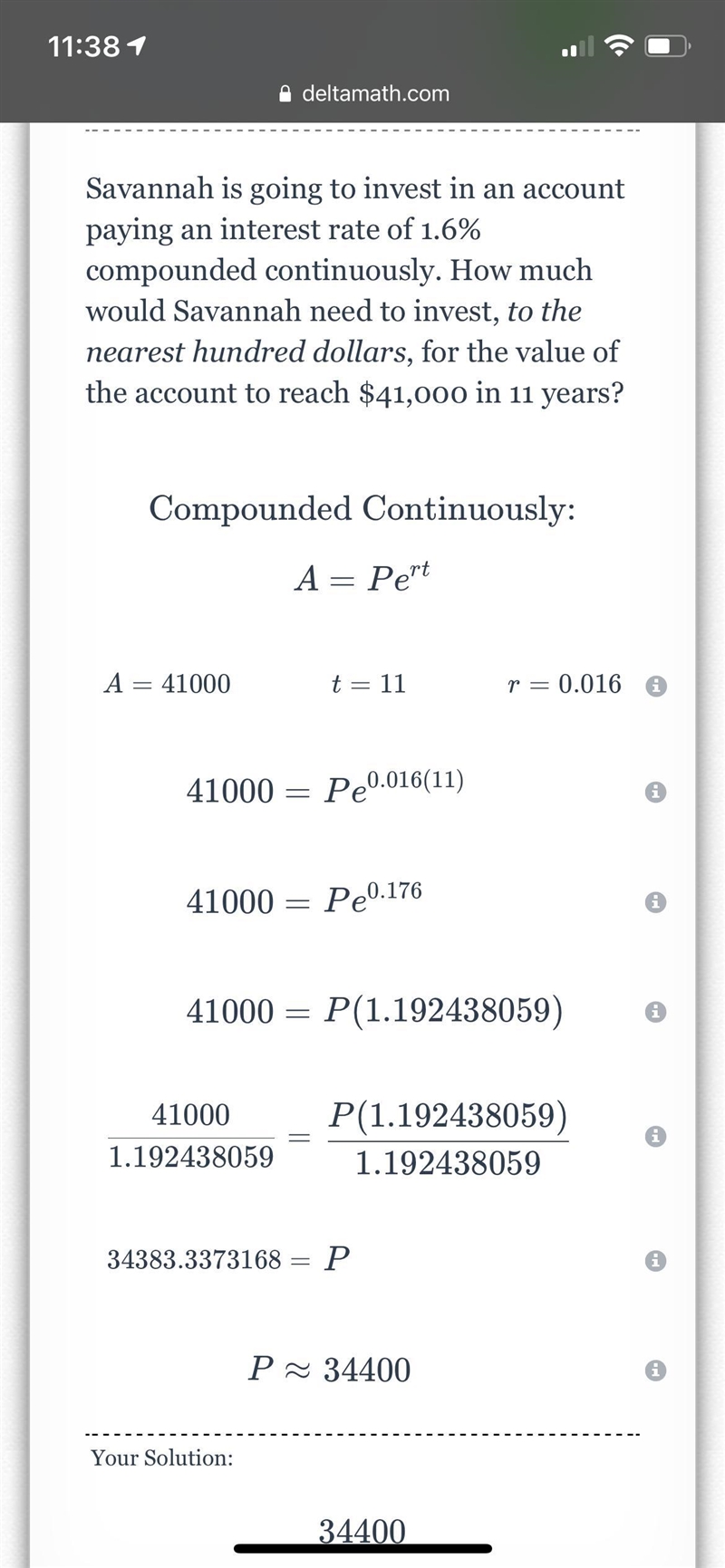 Savannah is going to invest in an account paying a interest of 1.6% compounded continuously-example-1