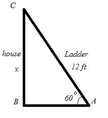 A 12 ft. ladder is leaning against a house. The ladder makes a 60° angle with the-example-1