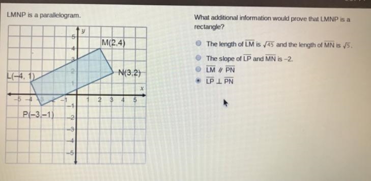 LMNP is a parallelogram. On a coordinate plane, parallelogram L M N P is shown. Point-example-1