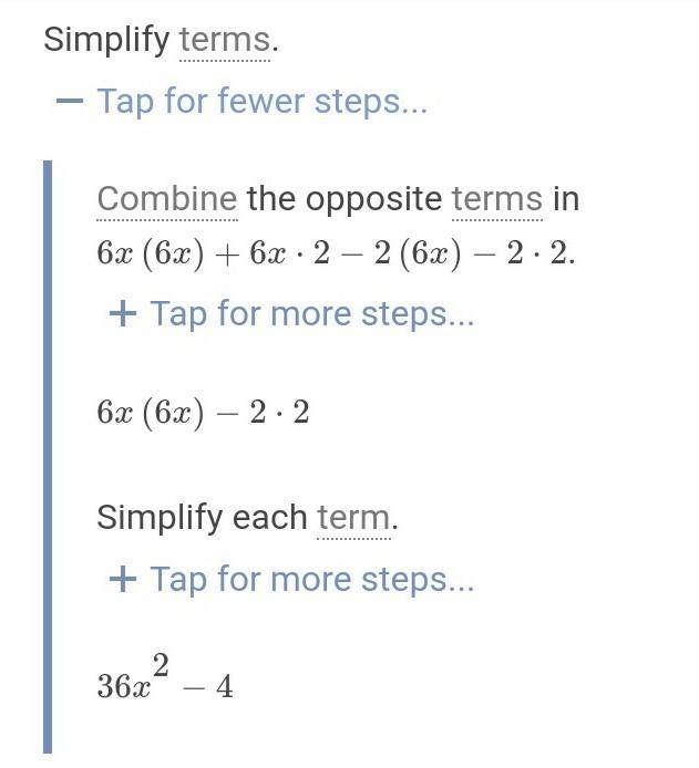 Simplfy completely (6x − 2)(6x + 2). Show all work for full credit.-example-1