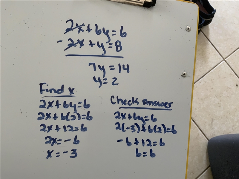 2x+6y=6 has to be solved by elimination -2x+y=8 has to be solved by elimination-example-1