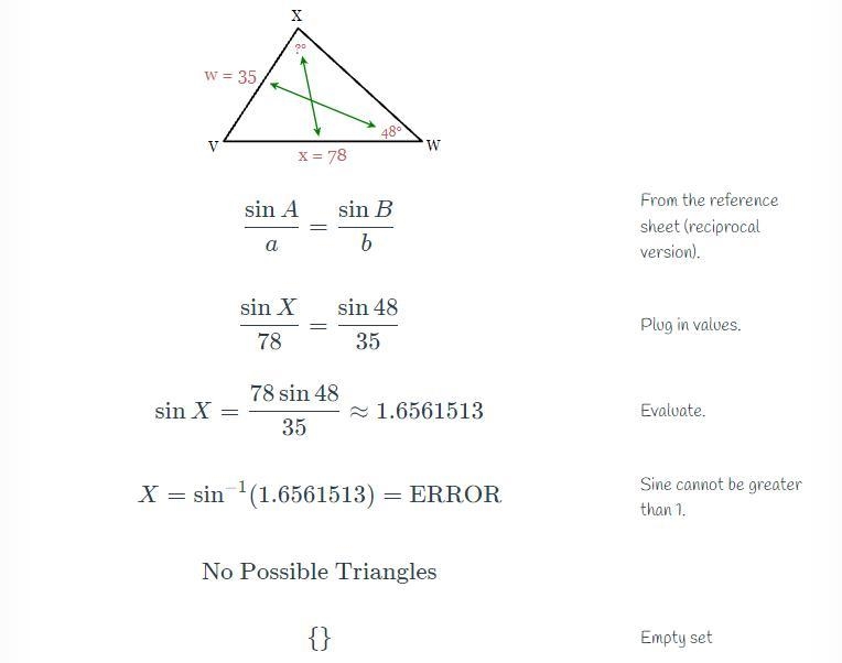 In ΔVWX, x = 78 cm, w = 35 cm and ∠W=48°. Find all possible values of ∠X, to the nearest-example-1