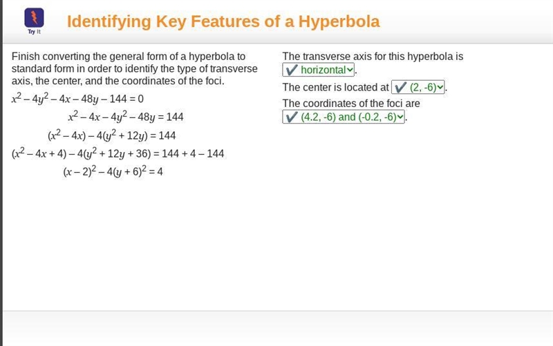 The transverse axis for this hyperbola is The center is located at The coordinates-example-1