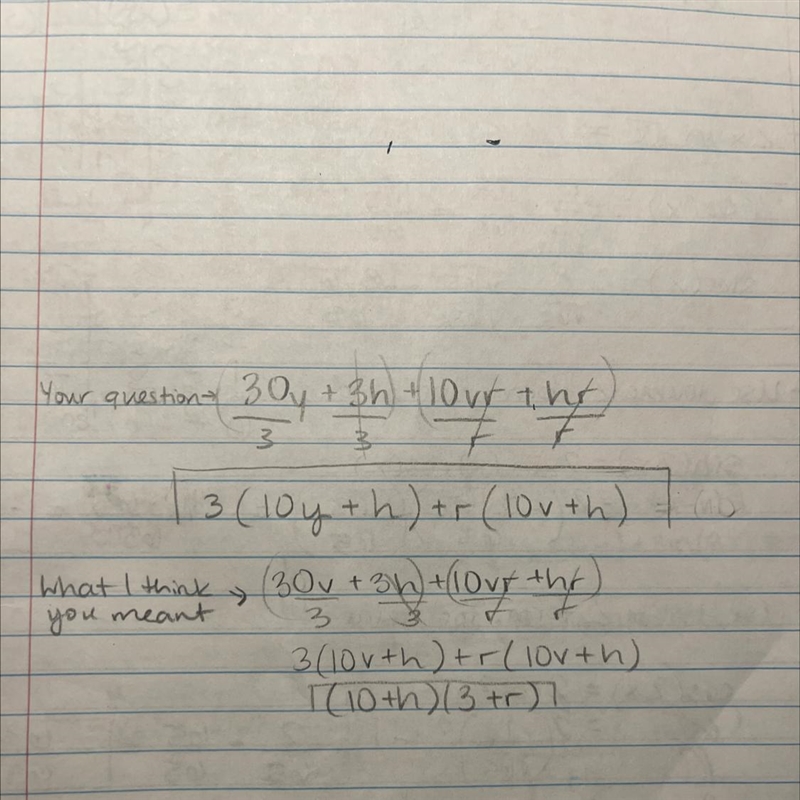 Factor by grouping. 30y + 3h + 10vr + hr-example-1