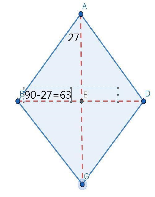 In rhombus ABCD , m∠EAB=27∘ . What is m∠EBC ? Enter your answer in the box. m∠EBC-example-1