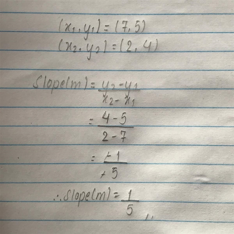 Find the slope of the line containing the points (7,5) and (2, 4).-example-1