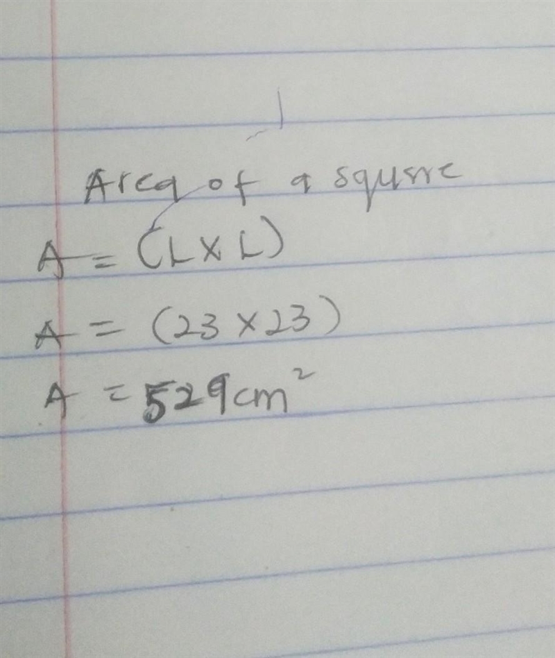 What is the area of a square when one side is 23cm? (Area = Lenght x Width)-example-1