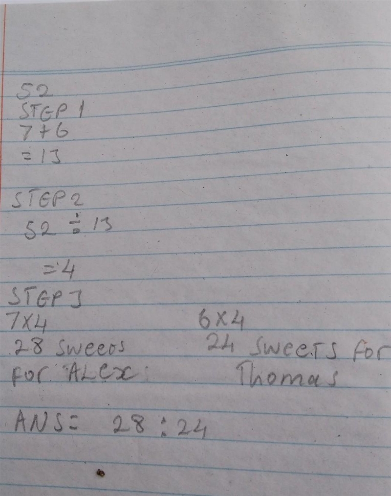 Alex and Thomas share 52 sweets. They divide them in the ratio 7:6. How many sweets-example-1