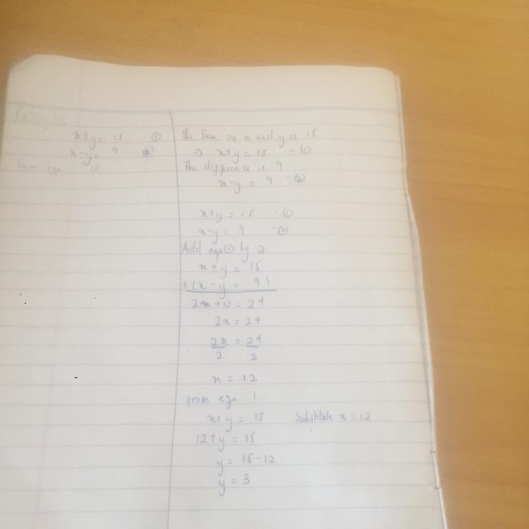 The sum of the real numbers x and y is 15. Their difference is 9. What is the value-example-1