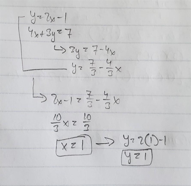 How do you Solve this system of equations: y=2x-1 4x+3y=7-example-1