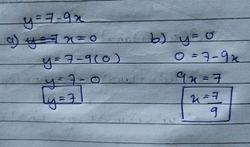 Two quantities x and y are connected by the formula y=7-9x. a. Find the value of y-example-1