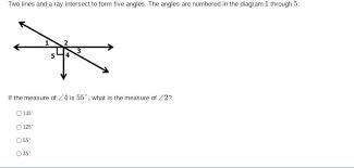 Two lines and a ray intersect to form five angles. The angles are numbered in the-example-1