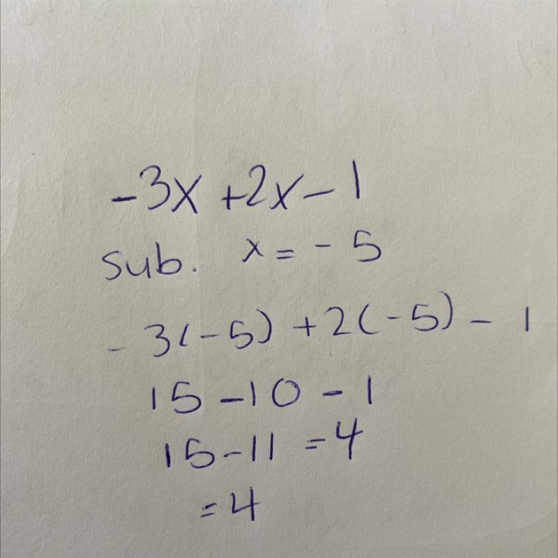 Evaluate -3 x +2x-1 if x=-5-example-1