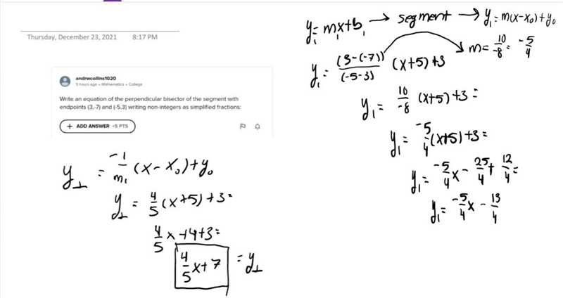 Write an equation of the perpendicular bisector of the segment with endpoints (3,-7) and-example-1