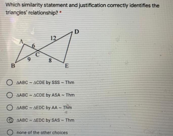 Which similarity statement and justification correctly identifies the triangles' relationship-example-1