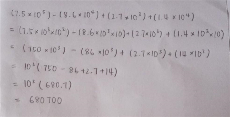 (b) (7.5 x 10^5) - (8.6 x 10^4) + (2.7 x 10^3) +(1.4 x 10^4)​-example-1