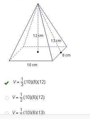 Which equation should be used to find the volume of the figure? 12 cm 13.cm 6 cm 10 cm-example-1