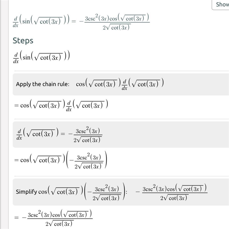 Find the derivative of a trigonometric function y = \sin√(cot3x) ​-example-1