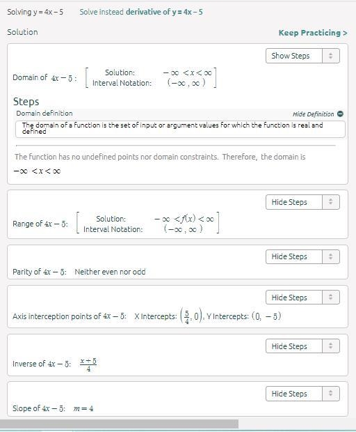 Decide whether the equation describes a function. y= 4x - 5 What is the domain and-example-1